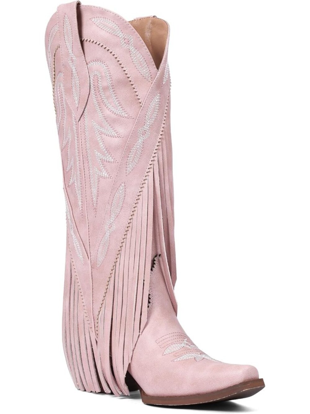 Women Pink Leather Pull On Block Chunky Suede Fringe Cowboy Pointed Toe Boot - Picture 4 of 6